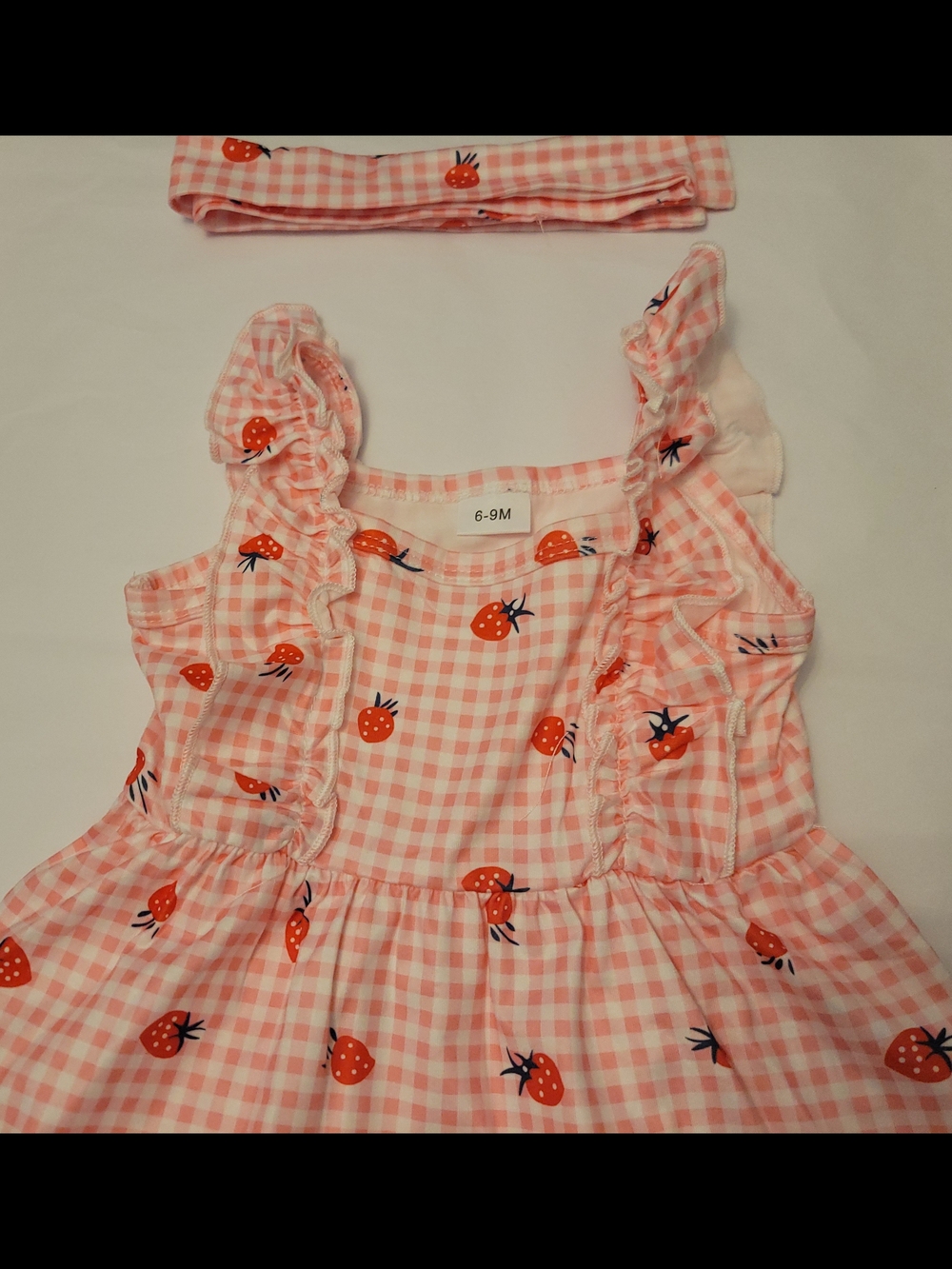 Baby Pink Gingham Strawberry Dress with Headband -